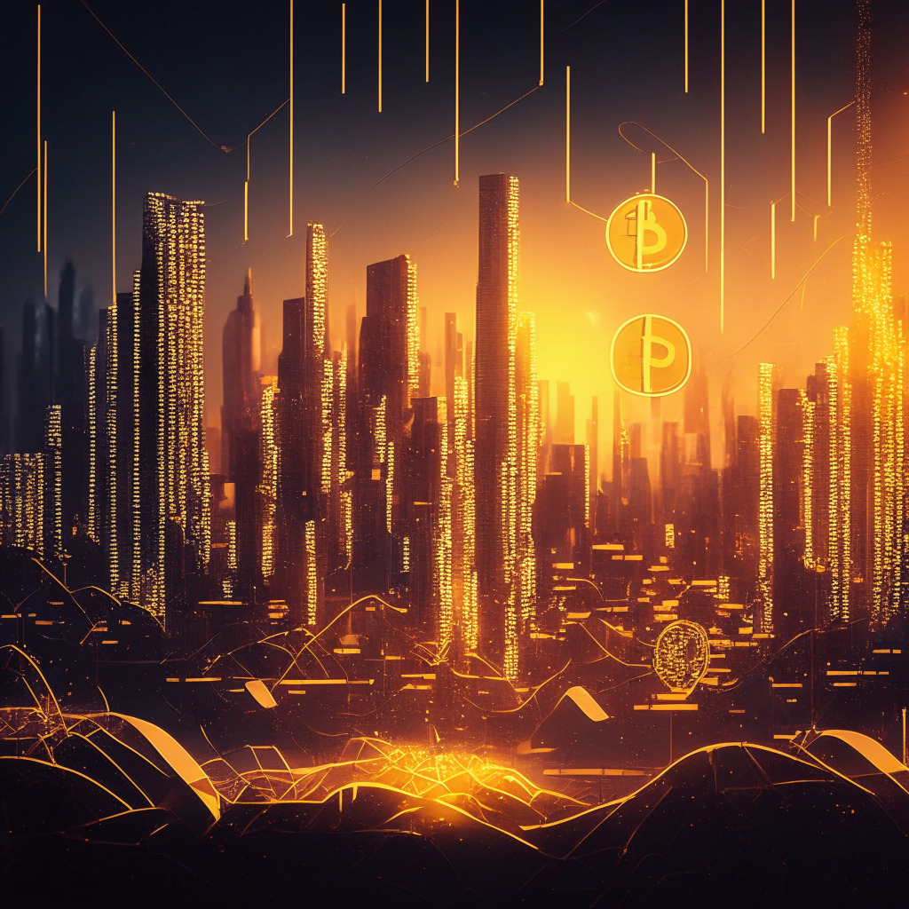 A twilight cityscape with Bitcoin and Ethereum symbols soaring high, golden light reflecting, abstract graphs indicating economic variables like GDP, inflation, and interest rates. Distinctive styles merge, forming a futuristic circuit-board ecosystem landscape. Mood: cautiously optimistic, resilient.