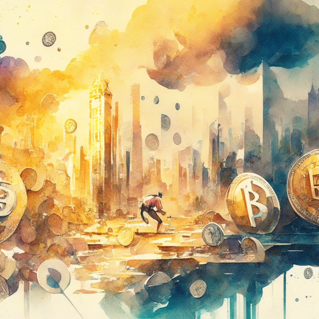 Intricate global stablecoin race, various contenders competing, digital dollar debate, privacy concerns, tokenized deposits, CBDCs vs centralized stablecoins, late afternoon light, watercolor art style, ambivalent mood, blend of futuristic and traditional elements, financial landscape evolution.