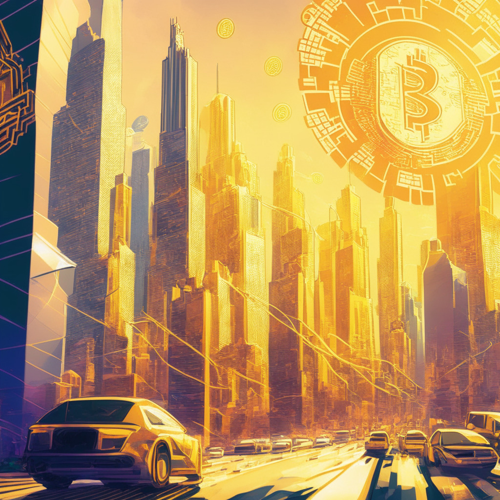 Futuristic city skyline reflecting Bitcoin and meme tokens, BRC-20 token standard on skyscraper, Pepe (PEPE) and Memetic (MEME) characters frolicking, golden light highlighting urban scene, mixture of vibrant and muted colors, serendipity intertwined with concern, network congestion visualized as traffic jams, contrasting feelings of excitement and uncertainty.