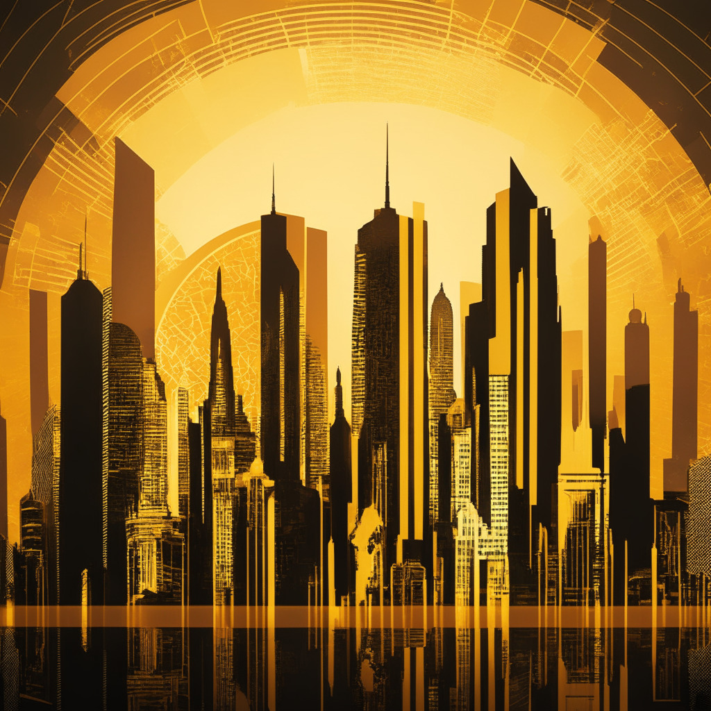 Intricate cityscape with financial district, evening golden light, abstract background showing debt limit issue resolved, economic indicators rising, Art Deco style, somber mood, balance scale representing pros and cons of Fed rate hikes, small hints of futuristic elements, Fed chairman in contemplative pose, earth representing global economic uncertainties.