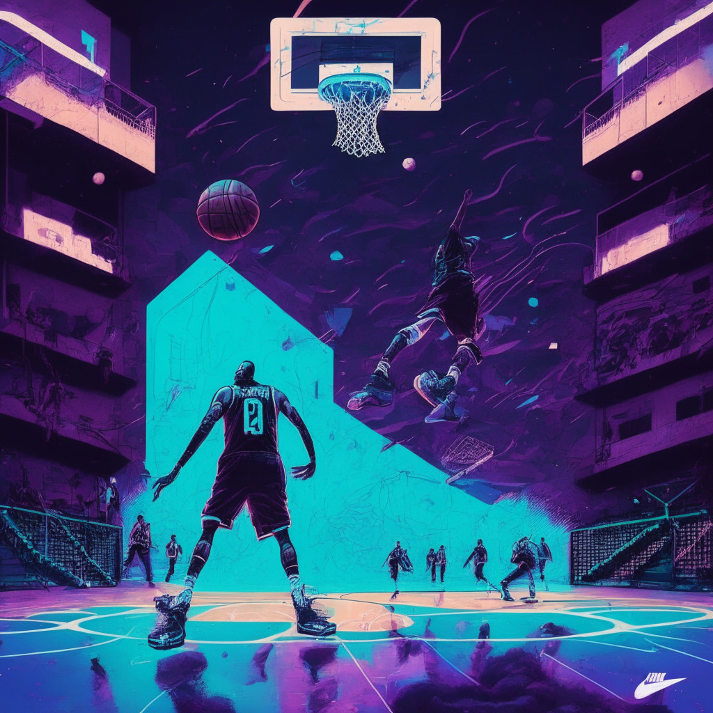 Basketball court with LeBron James mid-dunk wearing RTFKT x Nike Air Force 1 Genesis sneakers, ethereum NFT icons floating above, melancholic fans eyeing sneakers from distance, cyberpunk aesthetic, vibrant colors contrasted by dimmed court lights, contrast between exclusivity and inclusion, surreal atmosphere.