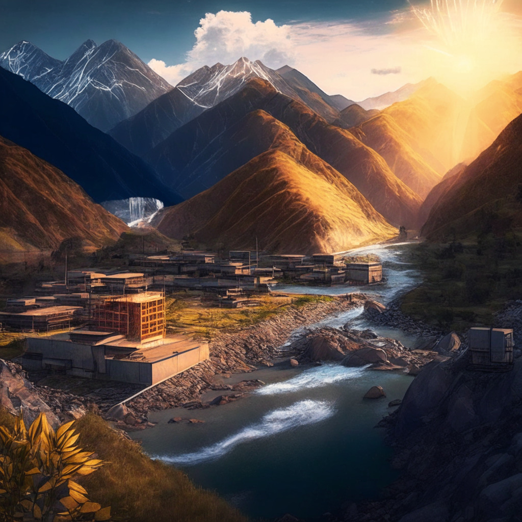 Bhutanese hydroelectric-powered BTC mining, golden-hour skies, Himalayan landscape, sustainable industrial site, financial backers, high-value digital assets, digital national currency concept, atmospheric CBDC-focused scene, positive yet cautious mood, harmonious blend of nature and technology.