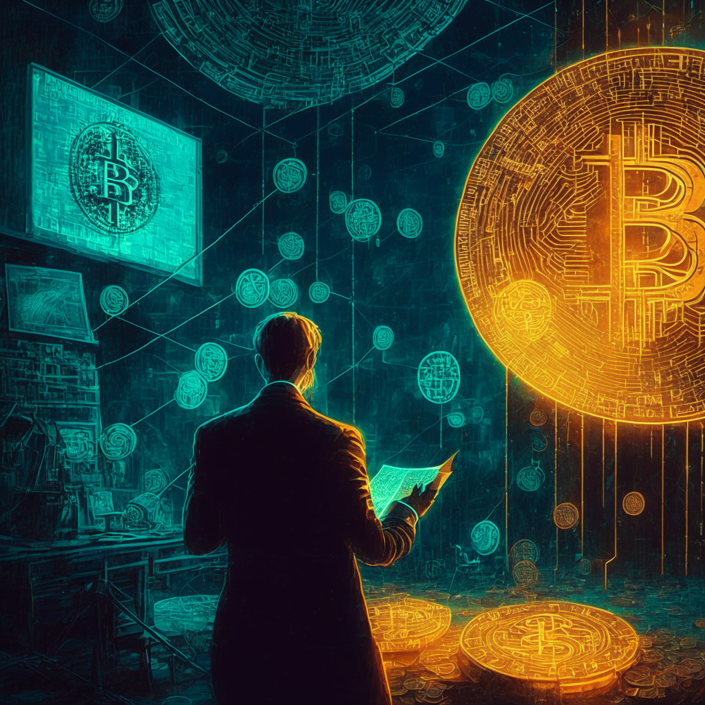 Intricate blockchain network, moody financial setting, warm glowing Bitcoin amidst cool-hued money, tension between digital & traditional currencies, Fed chairman contemplating interest rates, financial market elements, stylized impressionist technique, dynamic lighting contrasts.