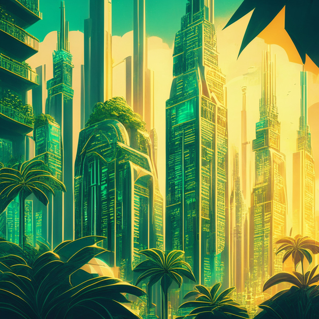 Intricate cityscape with crypto elements, golden-hour lighting, Art Deco style, a futuristic financial district, mood of cautious optimism, growth symbolized by lush green plants, international flags waving, Bermuda-inspired building, traders analyzing glowing charts, Bitcoin & Ether prominently featured, sense of expansion in composition.