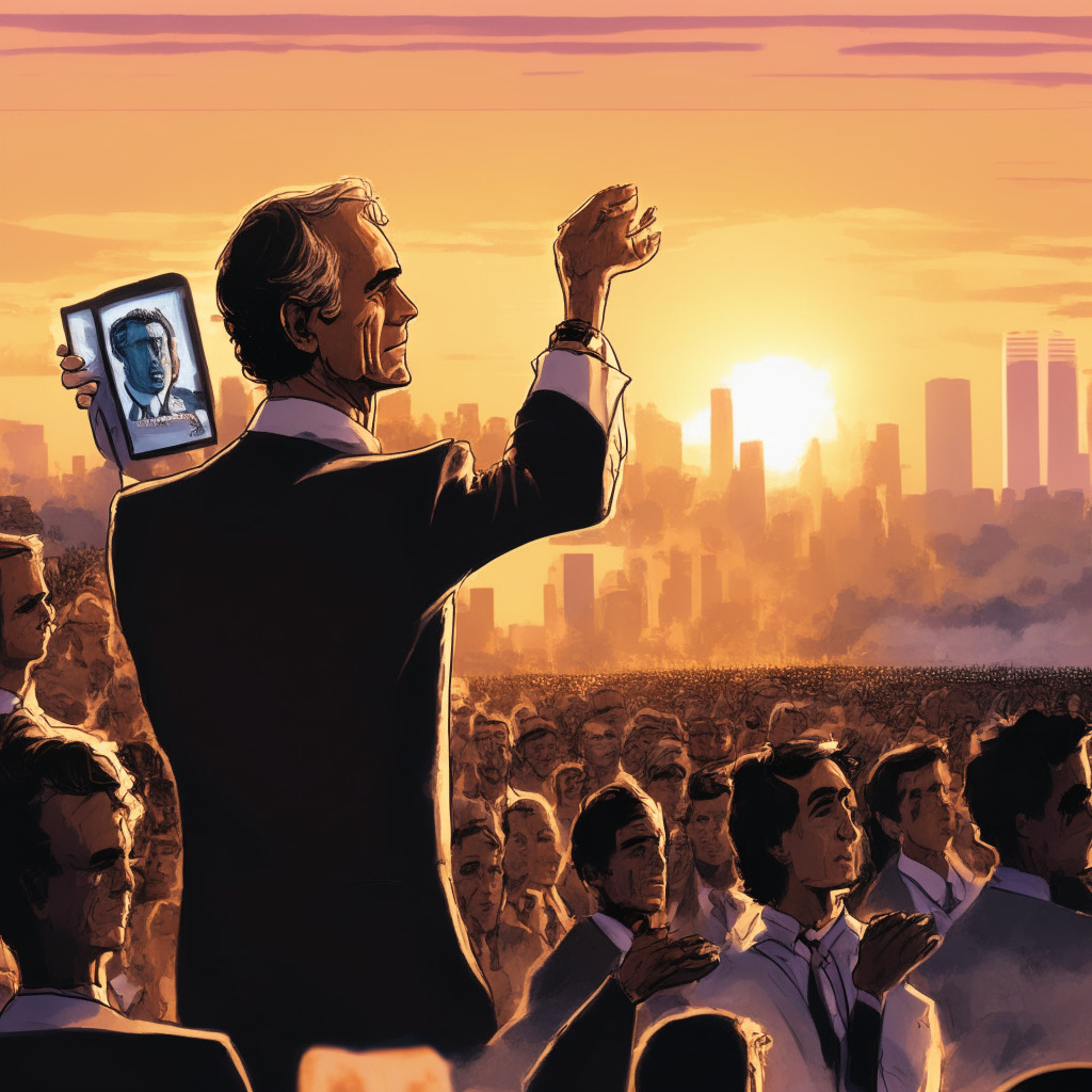 2024 Presidential Race scene, Robert F. Kennedy Jr. addressing a diverse crowd, backdrop of city skyline, RFK Jr. holding a digital tablet, crypto coins visible on screen, warm sunset light, impressionistic style, hopeful atmosphere, characters in audience discussing crypto, CBDC debate on banners, Kennedy's tweet displayed above.