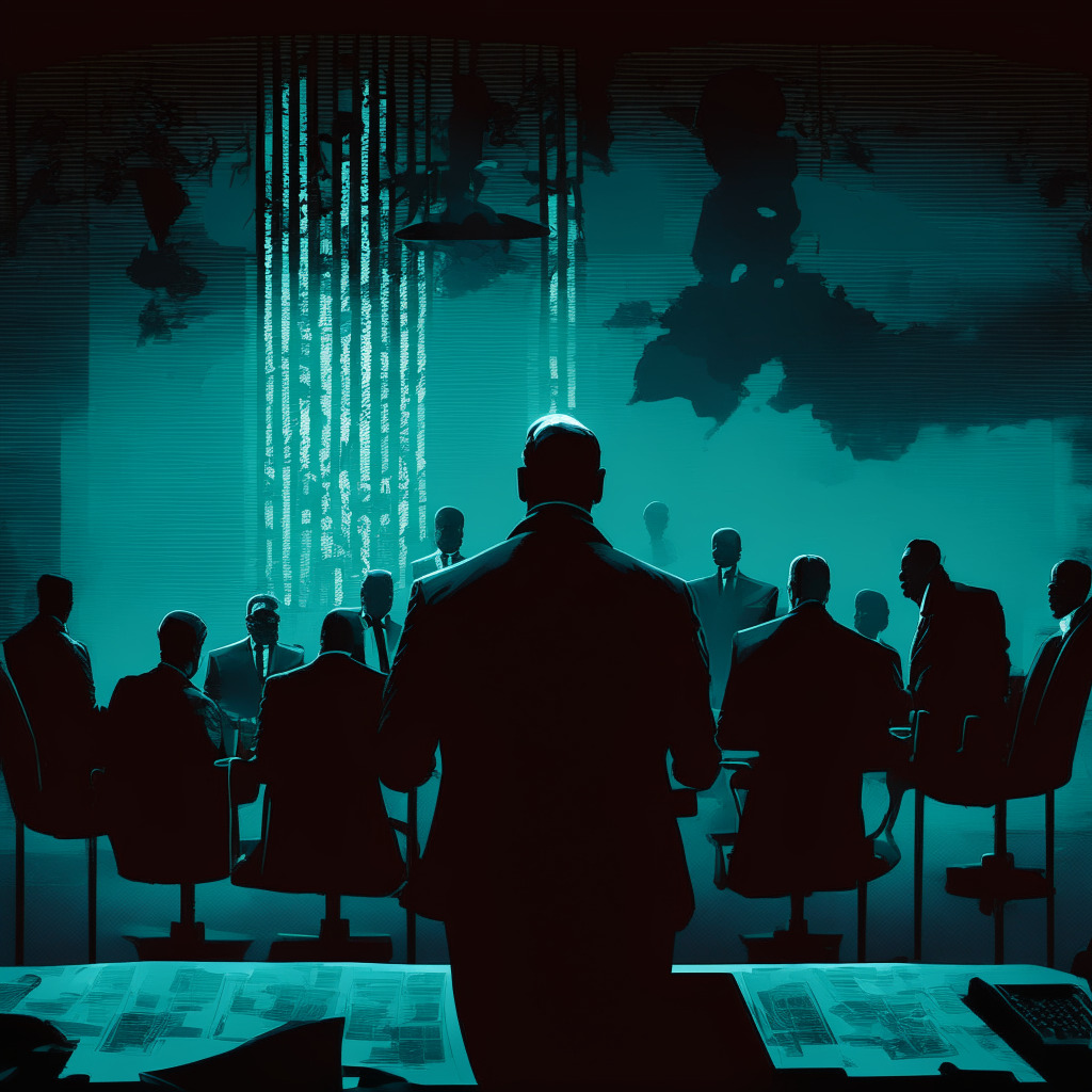 Cryptocurrency exchange controversy, legal dispute, dark, moody atmosphere, silhouettes of executives, board members & shareholders, abstract courtroom, subdued colors, chiaroscuro lighting, tension between ethical concerns & shareholder rights, financial figures in the background, sense of dilemma, blockchain elements subtly incorporated.