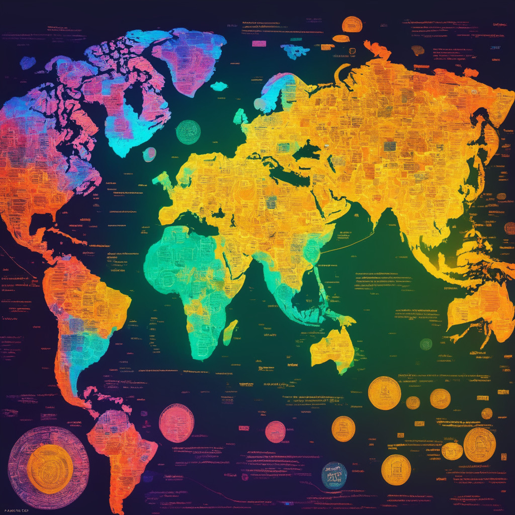 Cryptocurrency world in radiant colors, global map highlighting US, India, UK, meme-inspired currency like Shiba Inu, playful artistic style, warm light casting an optimistic glow, sparks of enthusiasm, reflective and dynamic mood, contrasting elements of novelty and economic progress, uncertainty lurking in the background, 350 characters max.