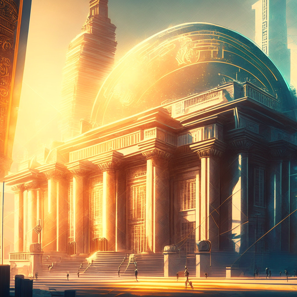 Intricate futuristic cityscape, contrasting old central bank with digital elements, warm glowing sunlight, painterly style, mood of trust and continuity, traditional bank in focus, CBDCs and cryptocurrencies in the background, digital wallets subtly incorporated, no logos or brands.