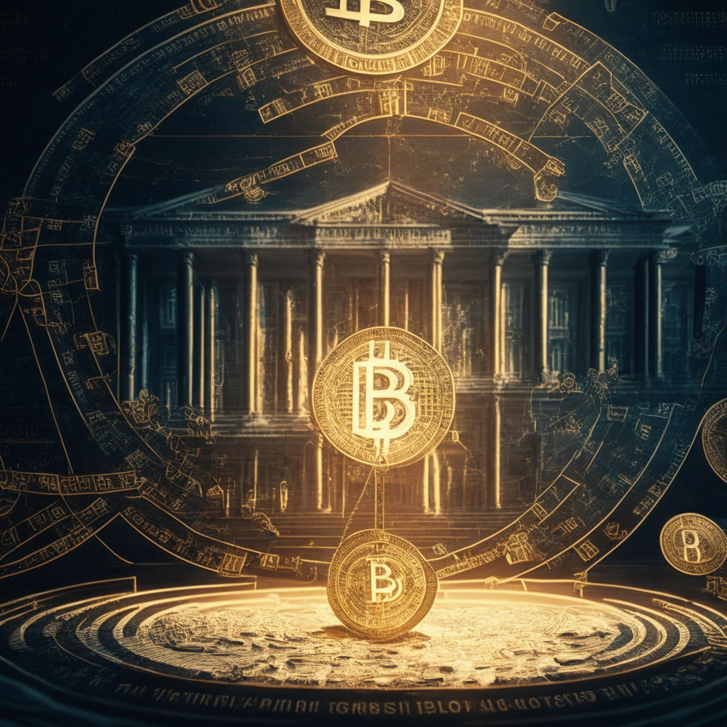 Intricate crypto coins surrounded by economic charts and symbols, subtle warm light from a glowing Fed building, Bitcoin & Ethereum balancing on a tightrope over uncertain paths, subtle Baroque-style details giving the image depth, serious yet hopeful mood representing market resilience & growth.