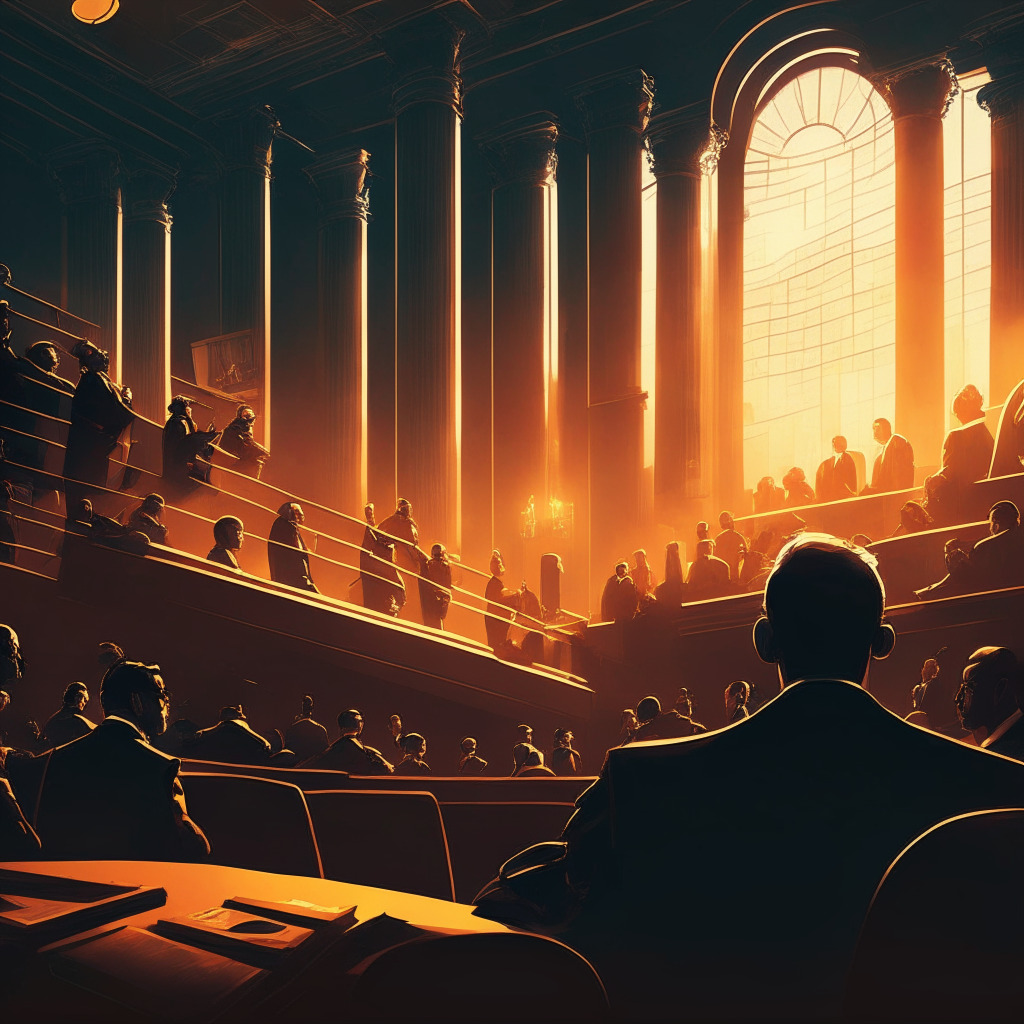 Intricate courtroom scene, opposing legal teams, crypto and stock trading elements, golden-hour lighting, chiaroscuro artistic style, tense mood, balance scale representing innovation vs regulation, diverse spectators eagerly awaiting outcome, looming question marks, surreal skyline hinting digital finance future.