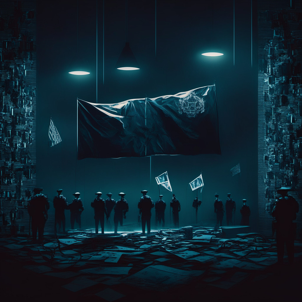 Dark web takedown scene, surreal style, dimly lit environment, intense shadows, mood of tension, law enforcement officers and crypto users, intertwined blockchain chains in the background, international flags subtly present, balance scale symbolizing regulation and privacy, no brands or logos.