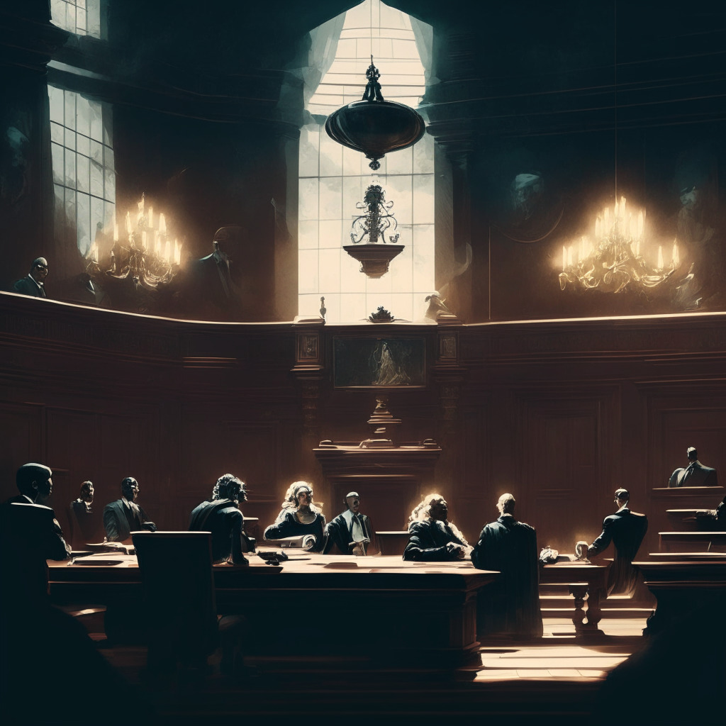 Dramatic courtroom scene, plaintiff and defendant sitting at opposing tables, a gavel in mid-swing, cryptocurrency symbols hovering above, chiaroscuro lighting, tense ambiance, a mix of baroque and modern artistic styles, solemn mood, conveying a cautionary tale about influencer power and online discourse.