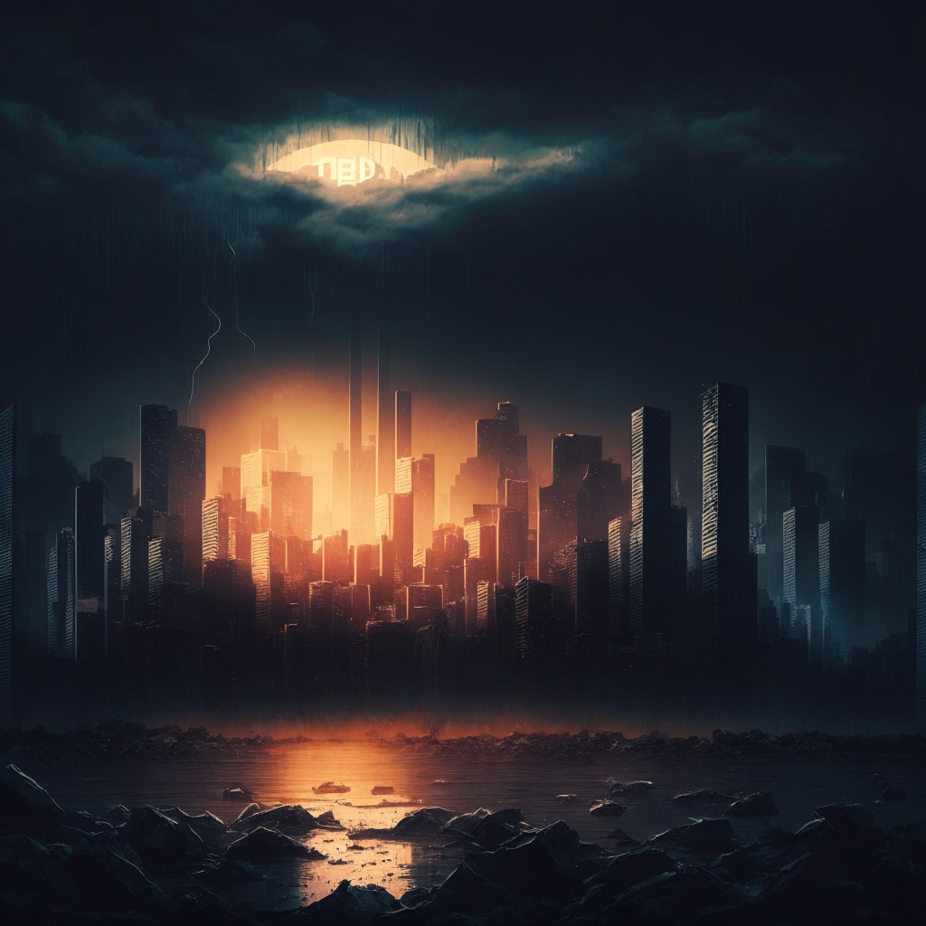 Bleak financial landscape, Bitcoin rising, shadowy city skyline, banks crumbling, glowing decentralized digital network, chiaroscuro light setting, tense mood, contrasting resilience, vibrant crypto advancements, cautionary undertones, hope amidst turmoil.