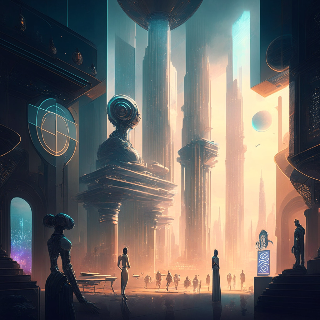 Futuristic cityscape with AI-driven innovations, cryptocurrency symbols, human-like robots trading, contrasting light settings, renaissance-inspired artistic style, diverse opinions illustrated with arguing holograms, AGI debate surrounding glowing Earth, neutral-toned moody atmosphere.