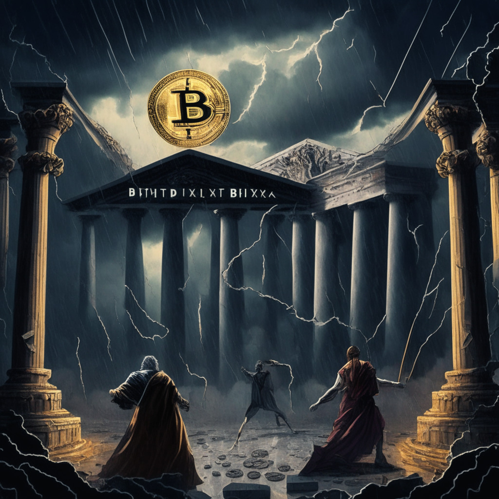 Cryptocurrency Dilemma: Stormy Dusk, Financial Battlefield, Renaissance-style, Virtual Vault, Scales of Justice, Contrasting Hues of Hope & Worry - Capturing the essence of a $4B bankruptcy clash between two major crypto players, FTX & Genesis, and its implications on market stability and security in a visually poetic, Renaissance-inspired composition.