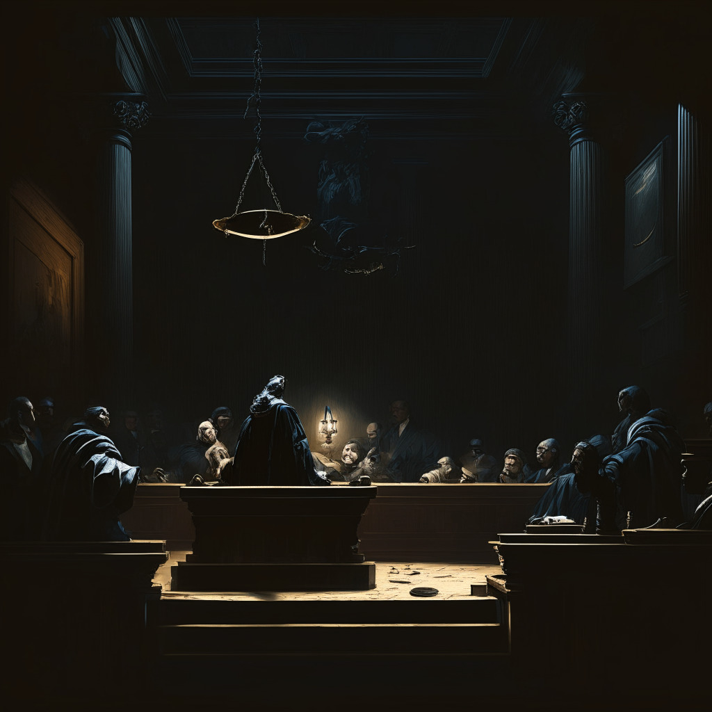 Dark courtroom scene depicting gavel, NFT tokens, and legal scales, Baroque style, chiaroscuro lighting, contrasting shadows and highlights, tense and uncertain mood, key trial moments illustrated, subtle crypto symbols woven throughout, inspired by Caravaggio, dramatic intensity, 350 characters.