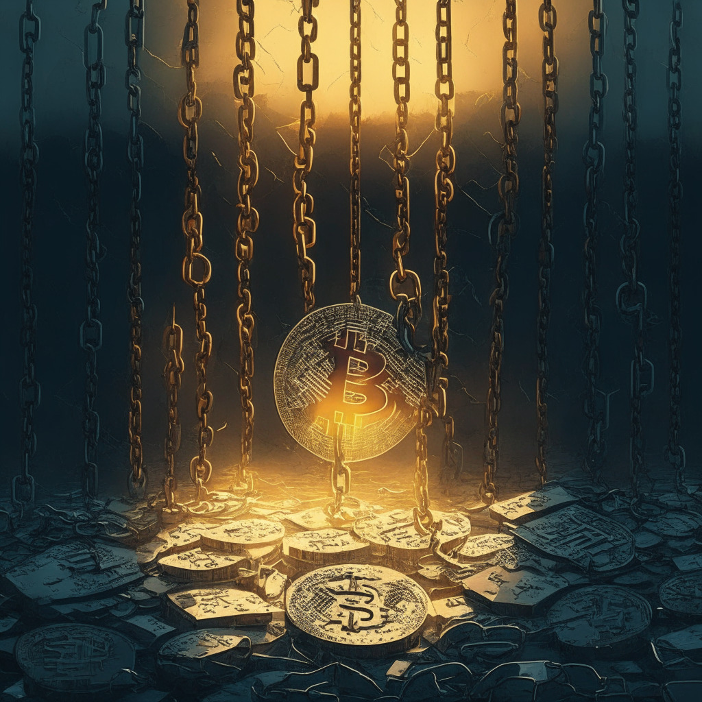 Gloomy crypto exchange scene, intricate blockchain patterns, broken chains symbolizing bankruptcy, contrasting shadows & light, solemn mood, hint of hopeful sunrise. Featuring recovering $4B, lessons in safety & growth, crypto industry's resilience amid challenges, need for transparency & regulations.