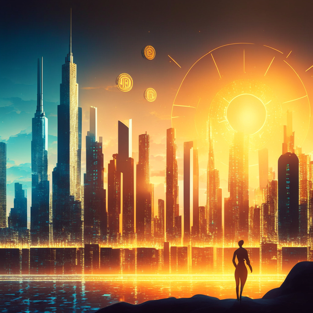 Crypto exchange expansion, dramatic skyline backdrop, bustling international city, Gemini Foundation launch, BTC perpetual contracts, users from around the world, diverse currencies, illuminated futuristic trading interface, warm glowing light setting, optimism and progress mood, regulatory challenges in shadows, contrasting elements of globalization and restriction.