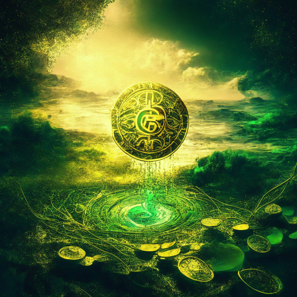 Glowing crypto coin, RAD token defying gravity, radiant greens and golds, Baroque-inspired patterns swirling around, uplifting atmosphere, soft diffused light, risk and opportunity balanced on a tightrope, electrifying mood, a blend of triumph and caution, intricate digital landscape foreground, persisting uncertainty in the distant horizon.