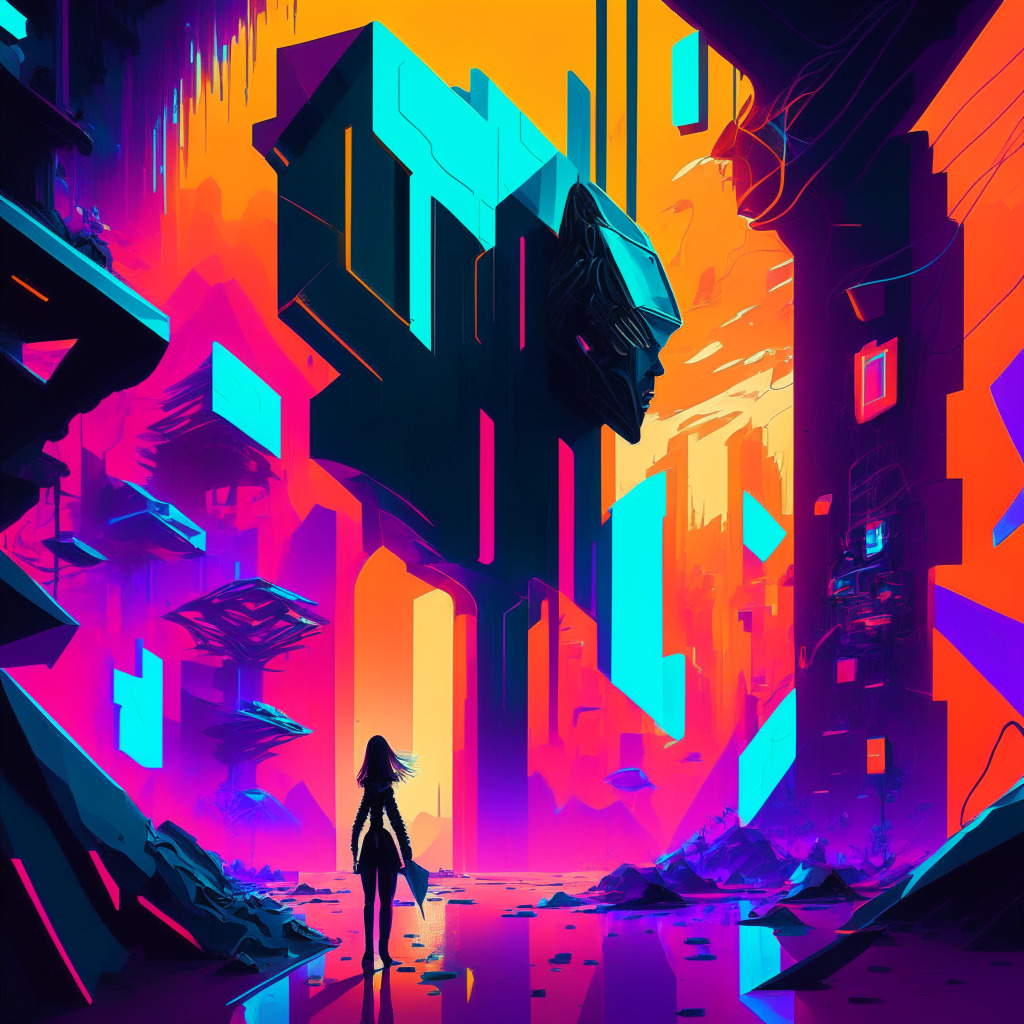 Futuristic cyberspace landscape, AI chatbot representation, sinister malware figures lurking, contrast of light and shadows, vivid color palette, digital cubism style, tense and cautionary atmosphere, ChatGPT and deceptive browser extensions, hints of augmented reality, underlying optimism.