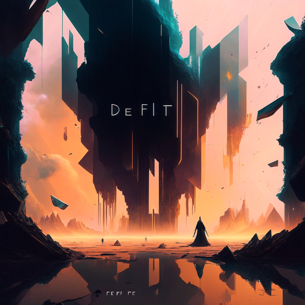 Futuristic DeFi landscape, algorithmic stablecoin launch, contrasting success & failure, etheric glow, dynamic abstract shapes, cautious optimism, elements of risk, shadowy figures of potential traders, digital realm, mysterious mood, hints of Renaissance artistry. (247 characters)