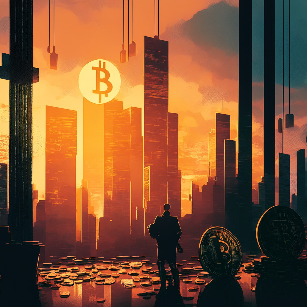 Cryptocurrency exchange scene, sunset hues, modern platform skyscrapers, financial charts and coin stacks fading, implied regulatory pressure, grunge art style, somber atmosphere, a subtle lending hand in shadows, focus on Bitcoin and defocused cash, uncertainty clouding the background.