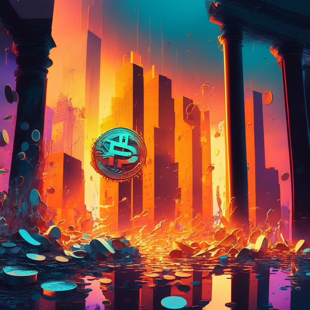 Sunset-lit financial district, cryptocurrency coins floating above a crumbling traditional bank, abstract fluid shapes in vibrant colors, chiaroscuro lighting, tense mysterious mood, futuristic artistic style, dollar bills transforming into digital currency, bank shares graph plunging downwards.