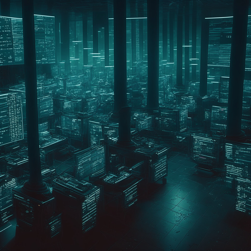 Centralized exchange dip, intricate blockchain pattern, dimly lit trading floor, subdued tones, moody atmosphere, digital assets resting, oscillating market capitalization, resilient growth, evolving crypto landscape.