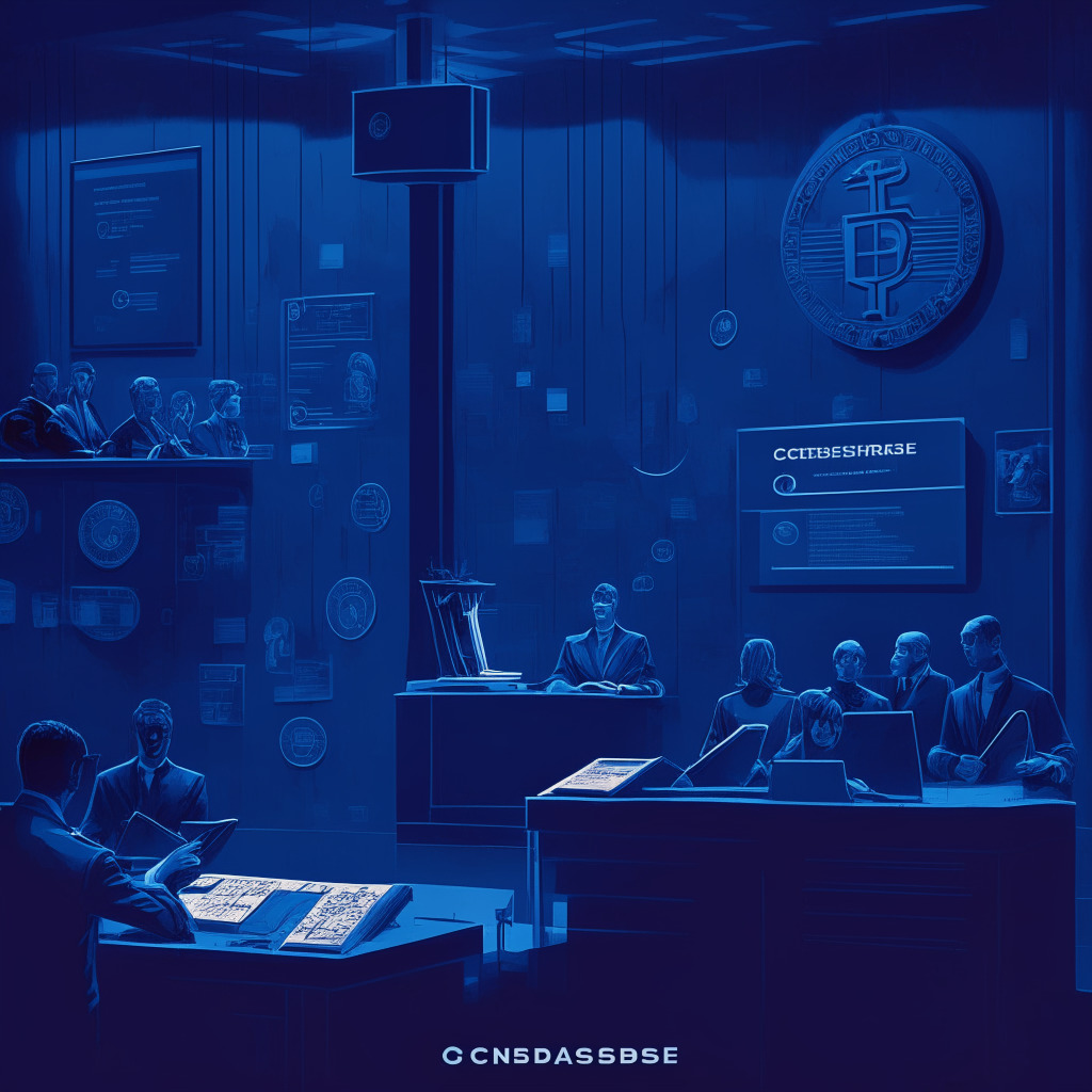 Cryptocurrency exchange courtroom scene, Coinbase sign on stand, concerned citizens in background, torn KYC documents scattered, facial geometry map & fingerprint analysis on wall, subtle dark blue hue, contrast between data privacy & security, anxious atmosphere, delicate balance weighing scale.