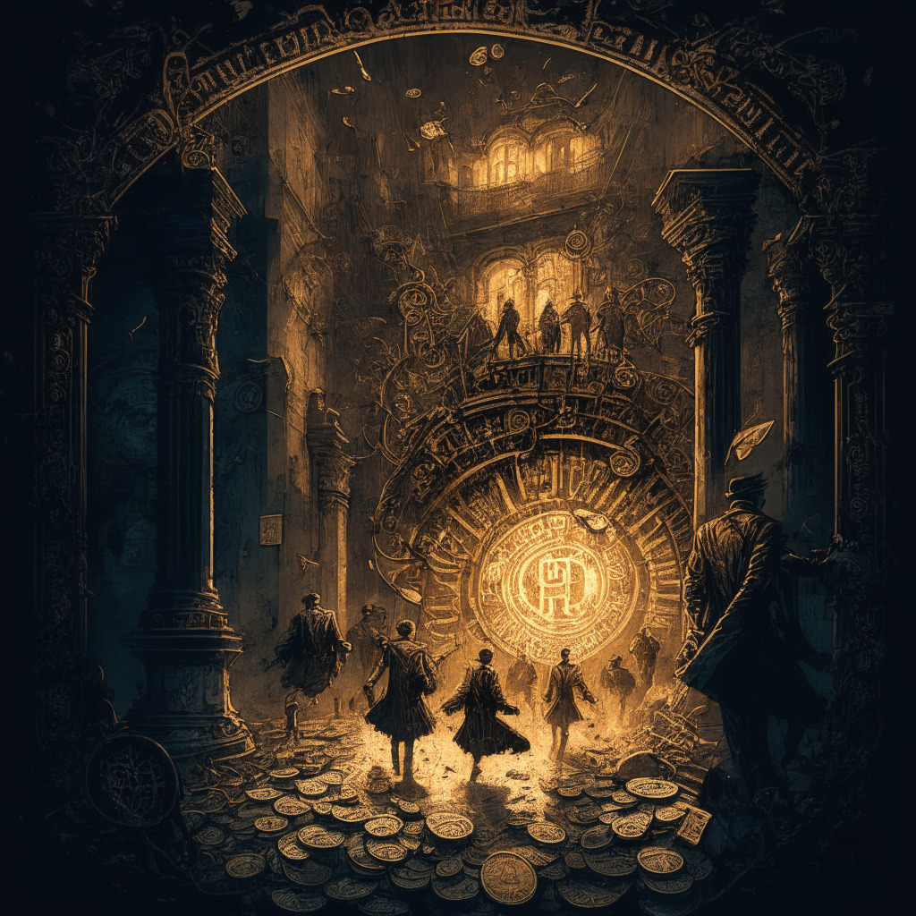 Intricate steampunk illustration of fiat wealth crumbling, people escaping with crypto coins, dark moody atmosphere, contrasting warm/cool color scheme, soft chiaroscuro lighting, distressed expressions on faces, subtle government presence, ethereal glow around cryptocurrencies, cautionary undertones.