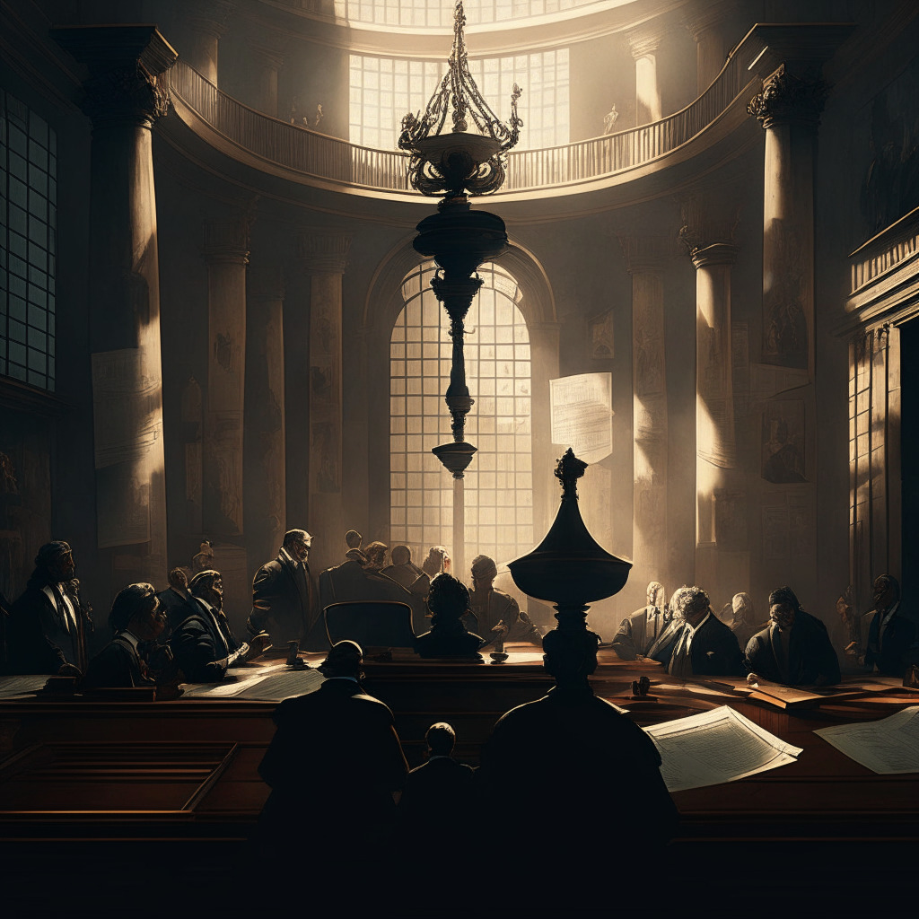 Intricate court scene, diverse investors debating, subtle newspaper headlines in background, privacy vs transparency theme, warm yet intense lighting, contrast of shadows and light, Baroque-inspired composition, intense expressions of the characters, strong mood of tension and conflict, an hourglass showing time running out.