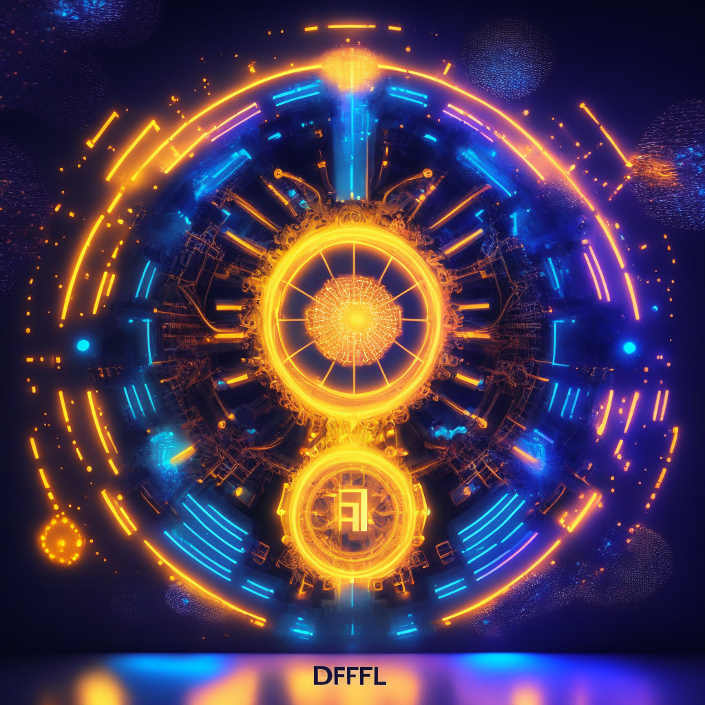 Futuristic DeFi portal, soft glowing lights, user-friendly interface, intricate gears connected in harmony, joyous mood, empowering simplicity, touch of impressionism, warm inviting colors, financial freedom embodied, transparency vs accessibility, inspired by blockchain technology, celebrating mass adoption in decentralized finance.
