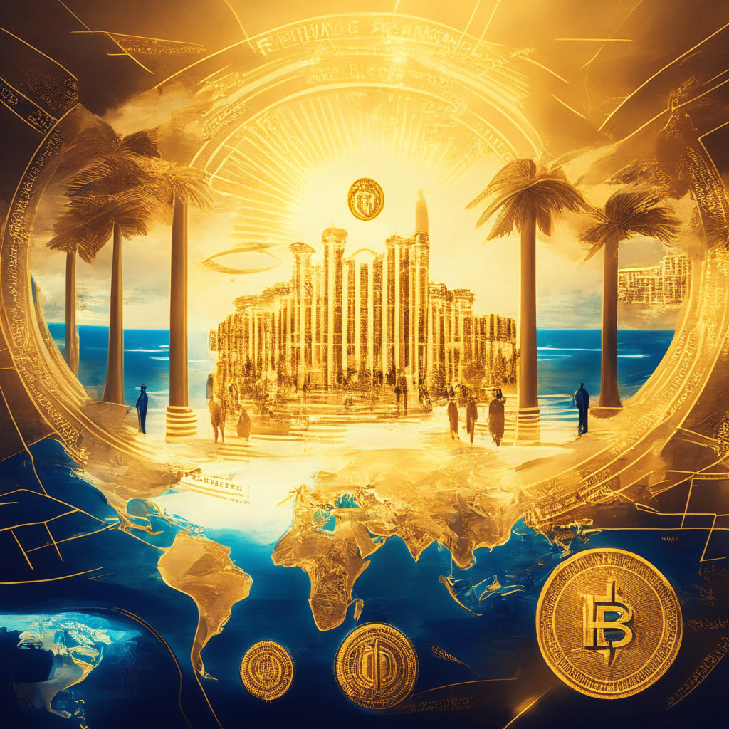 Elegant crypto exchange scene, international market ambiance, wealthy institutional clients, warm golden lighting, Ethereum and Bitcoin perpetual swaps, artistic regulatory map background, air of innovation and global collaboration, sense of security and transparency, mood of economic freedom and opportunity, majestic Bermuda Monetary Authority partnership, evolving landscape.