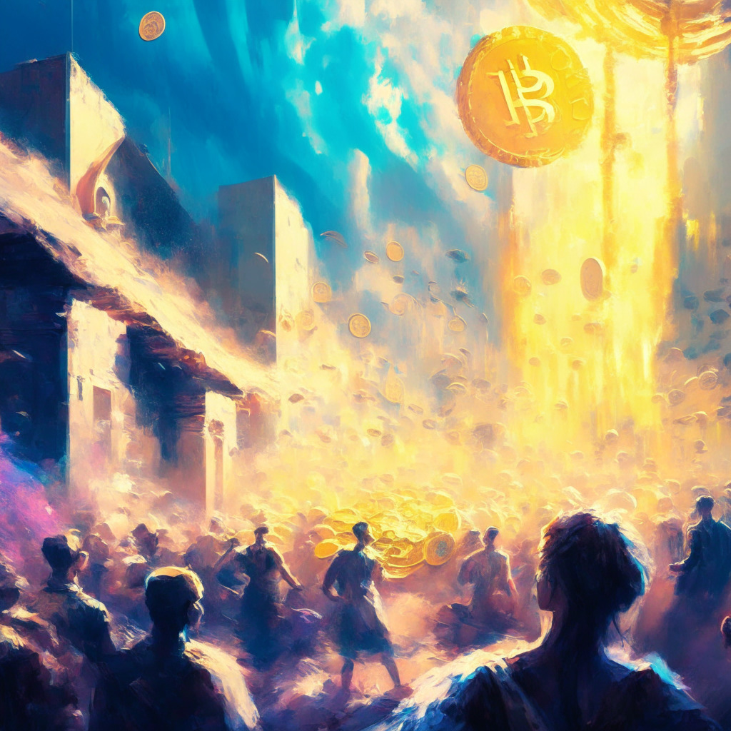 Ethereal market scene, bustling energy, abstract crypto landscape, strong rally anticipation, sunlight casting optimism, contrasting shadows of uncertainty, Bitcoin glimmers among vibrant meme coins, interest rate clouds looming, dynamic mood, textured brushstrokes, vivid digital hues, financial revolution whispers.