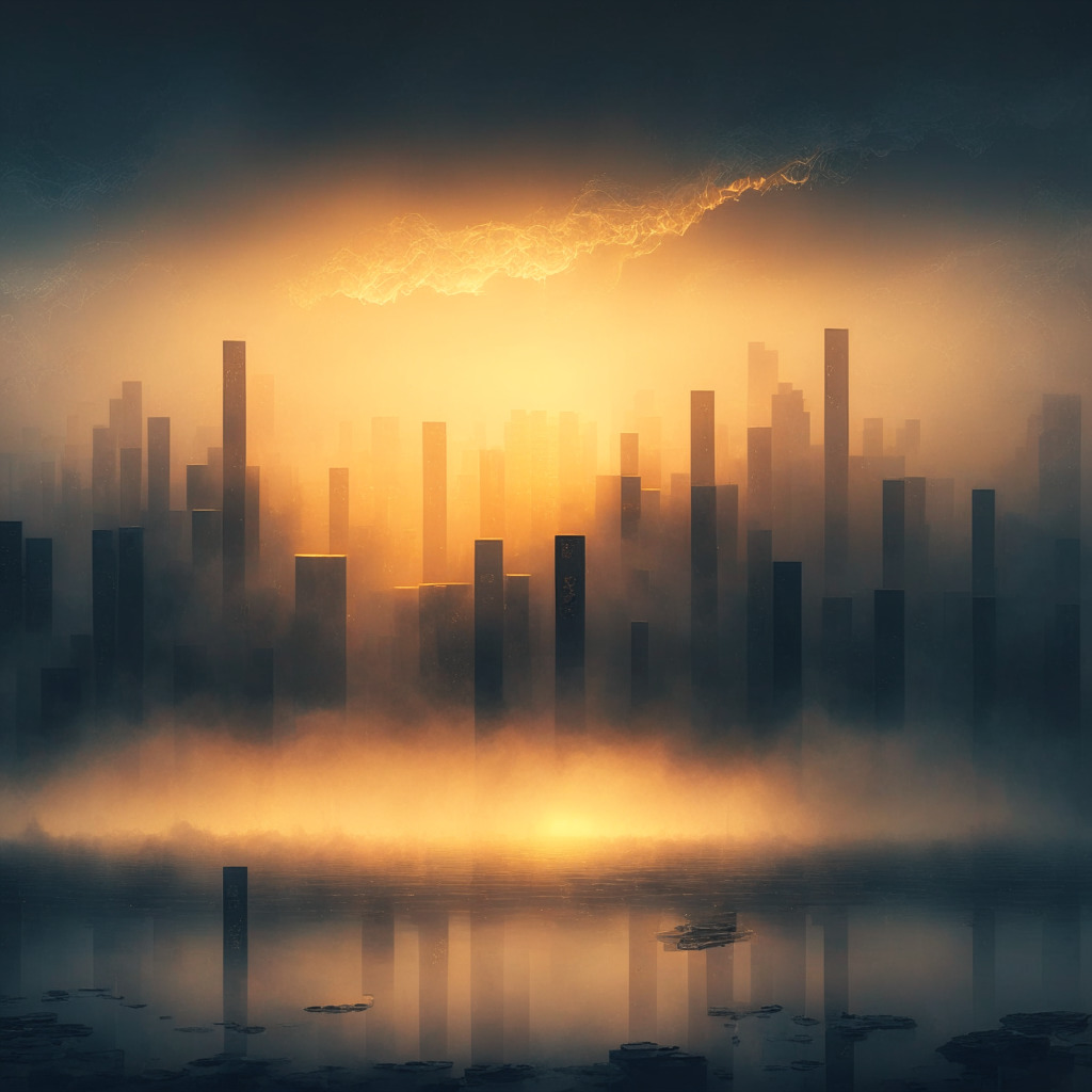 Cryptocurrency market buzz, intricate blockchain design, sunset skyline with fading banks, Bitcoin & gold bars rising, uncertain fog, moody atmosphere, warm light, chiaroscuro style, hope and skepticism embodied, shifting focus towards decentralized assets. (350 characters)