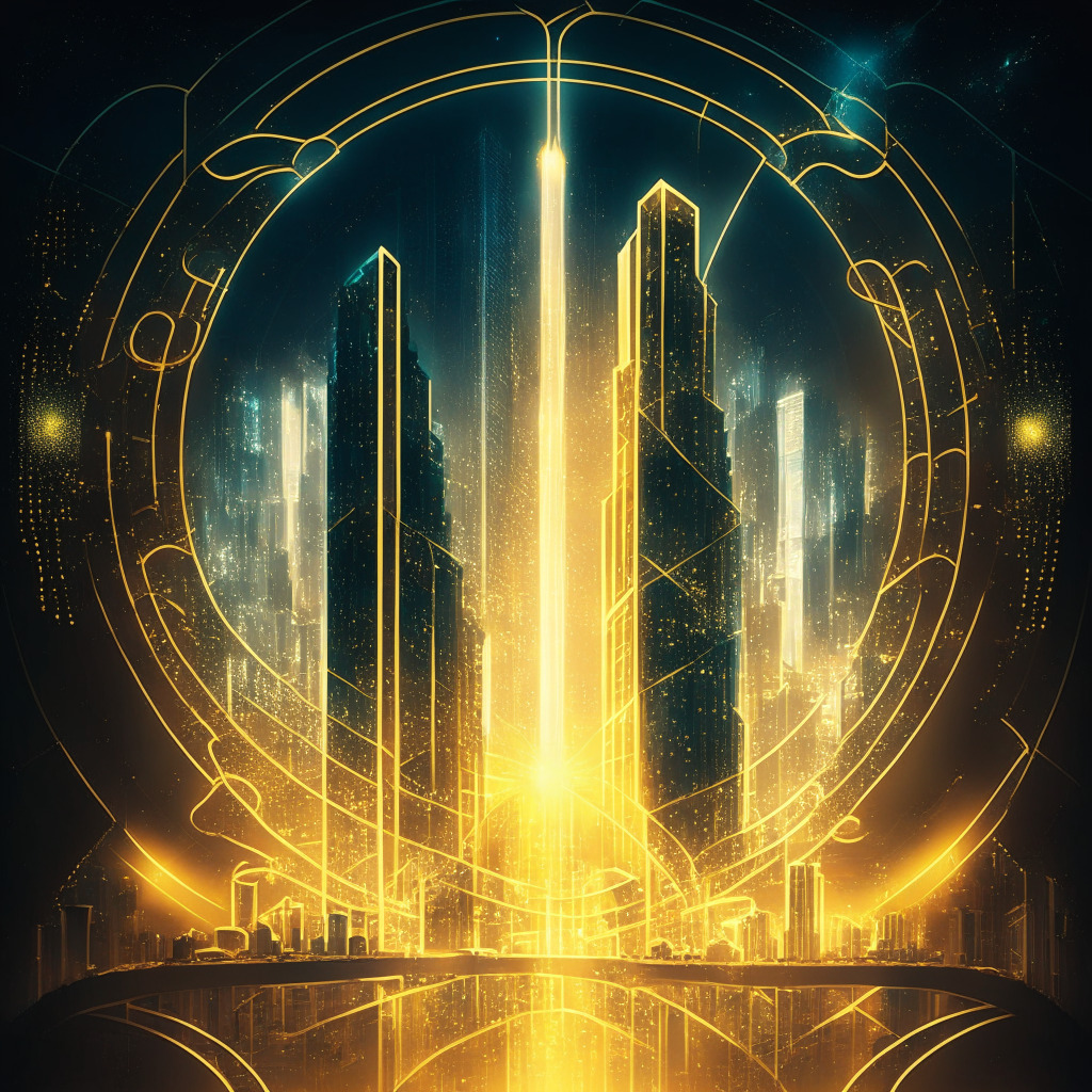 Luminous Layer 1 blockchain cityscape, futuristic Web3 world, golden beam of light symbolizing innovation, shadowy figure representing caution & controversy, dynamic Delegated Proof-of-Stake system, art nouveau style, serene yet vigilant mood. (276 characters)