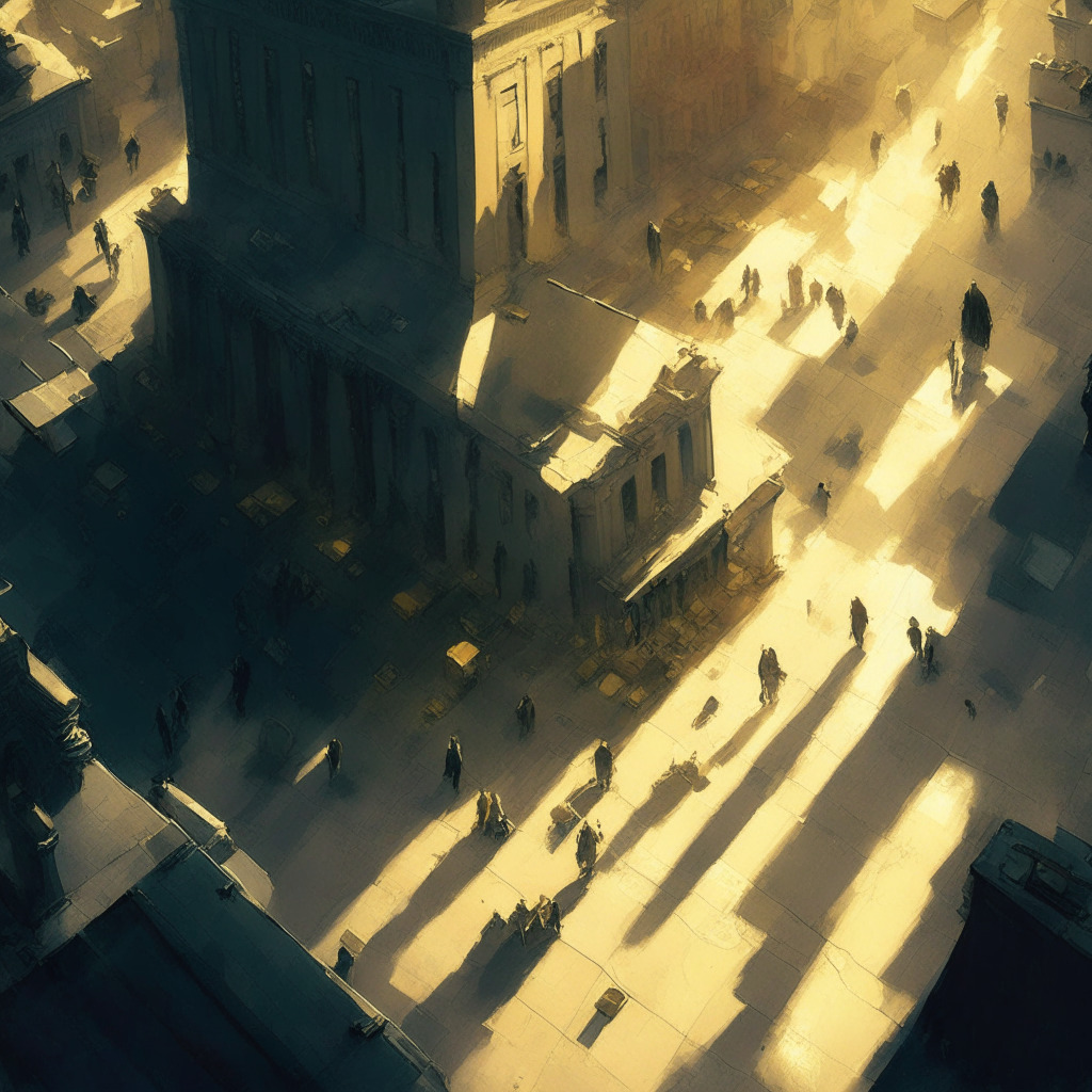 Aerial view of Wall Street, crumbling traditional banks, gloomy atmosphere, long shadows, people seeking refuge with digital wallets, gold & silver bars in hand, contrasting optimism around alt assets, impressionist style, cold & muted colors, rays of warm light reflecting on crypto coins, subtly conveying uncertainty & hope, 350 characters.