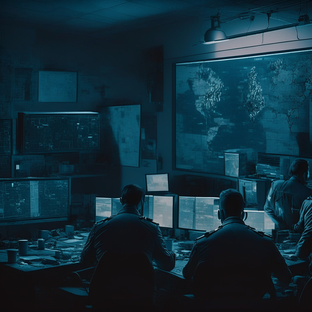 International Crypto Crackdown scene, dimly lit cyberpolice station, officers analyzing digital maps and data, gloomy atmosphere, chiaroscuro lighting, sense of urgency, focus on cooperation between Ukrainian and US authorities, hints of tension between regulation and privacy concerns.