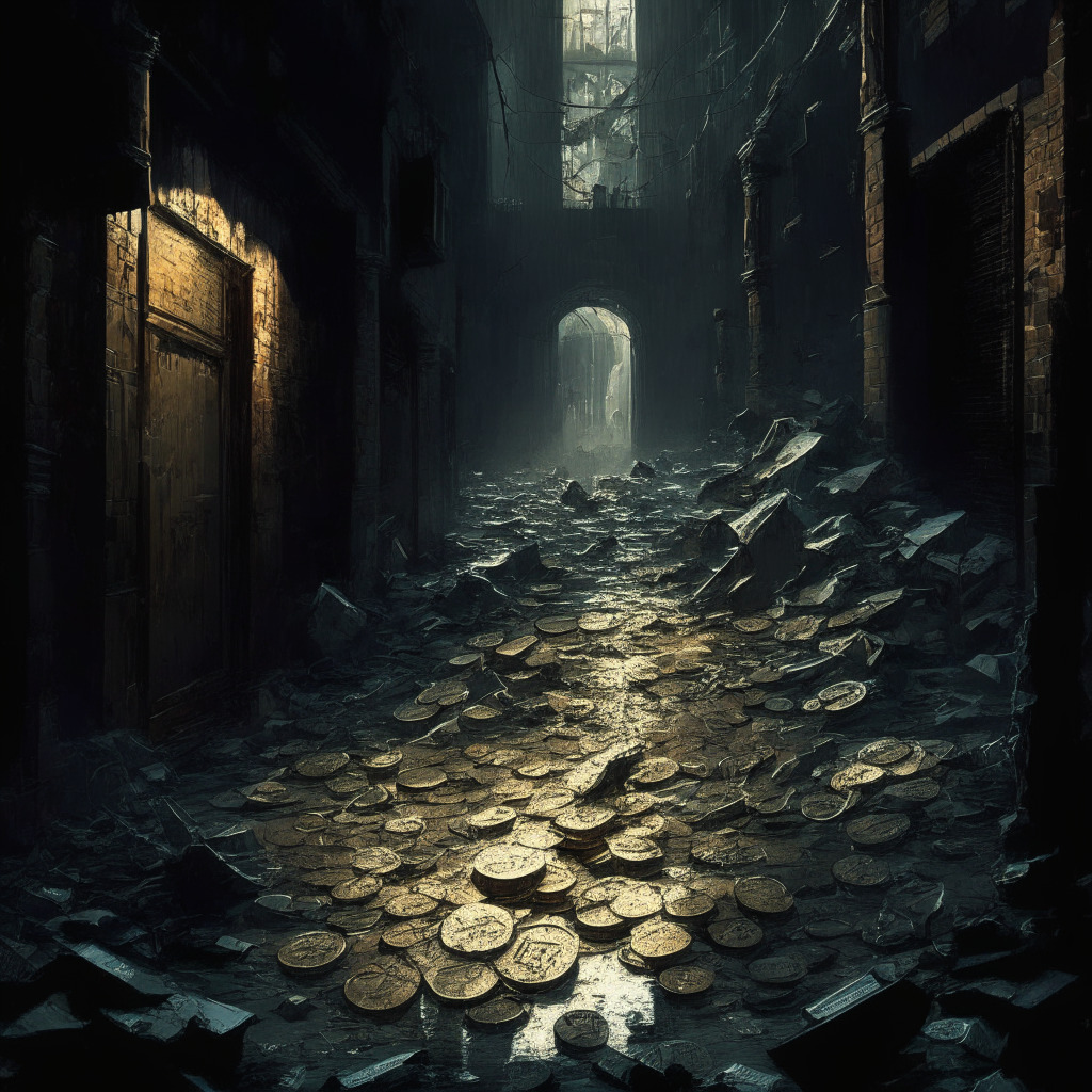 Cryptocurrency chaos, dark alley with ruined coins, shattered trust metaphor, ominous shadows, impressionist noir style, tension-filled atmosphere, dubious investors, scattered blockchain pieces, fading light of hope, caution and skepticism, volatile market rollercoaster, unregulated realm dangers.