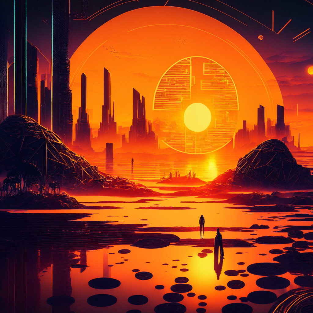 Futuristic crypto landscape, AI-driven data analysis, sun setting on scam coins, noir art style, radiant glow of investor protection, contrasting dark shadows of legal concerns, a blend of optimism and skepticism woven together, harmonious balance of innovation and regulation in the air.