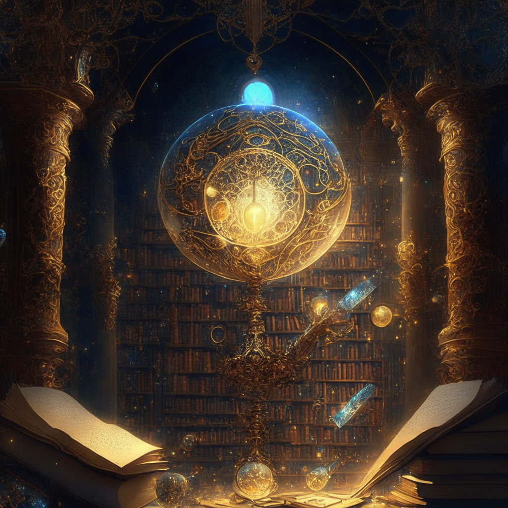 Intricate fantasy library, glowing orbs of inspiration, diverse group of authors co-creating, quills in hand, ethereal music notes, golden digital coins, evolving NFTs, chiaroscuro light, Renaissance-style framing, mood of collaboration vs. artistic uncertainty, #CryptoNovelRevolution