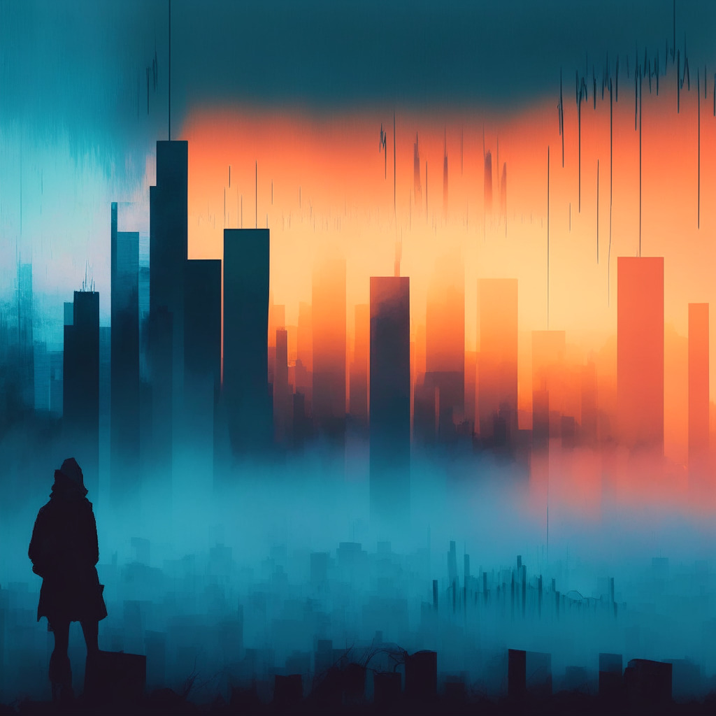 Crypto market response to Fed's interest rate hike: Misty cityscape at dusk, contrasting colors of gains & losses, Bitcoin & Ethereum in spotlight, fluctuating digital graphs, abstract art style, hint of uncertainty, watchful eye observing the market, mood of cautious optimism, importance of staying informed.