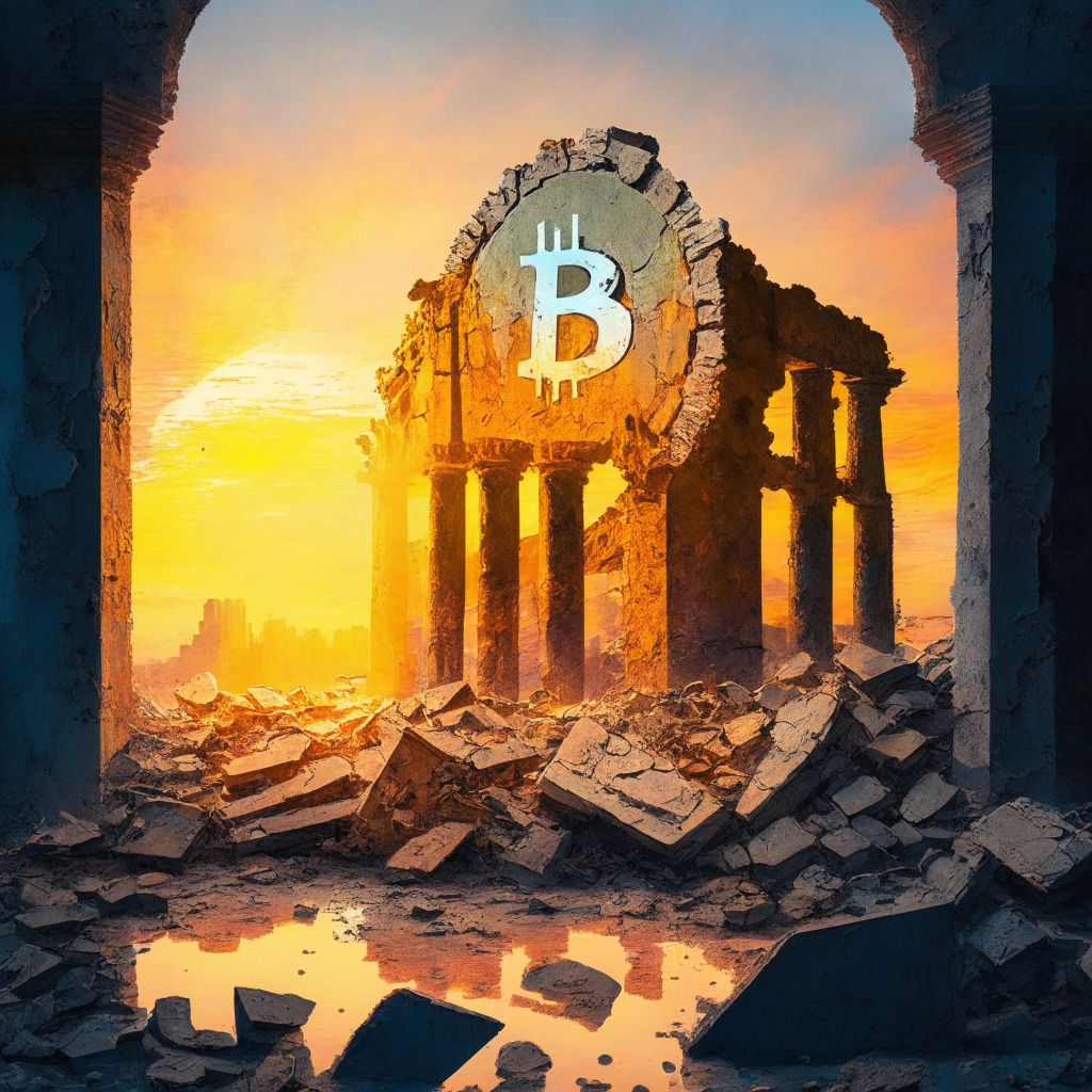 Sunrise over a crumbling bank, Bitcoin symbol rising above the ruins, a shield inscribed with 'Decentralized Finance' providing refuge to investors, vibrant artistic colors reflecting contrasting emotions, soft light capturing uncertainty & hope, a blend of optimism & caution dominating the mood.