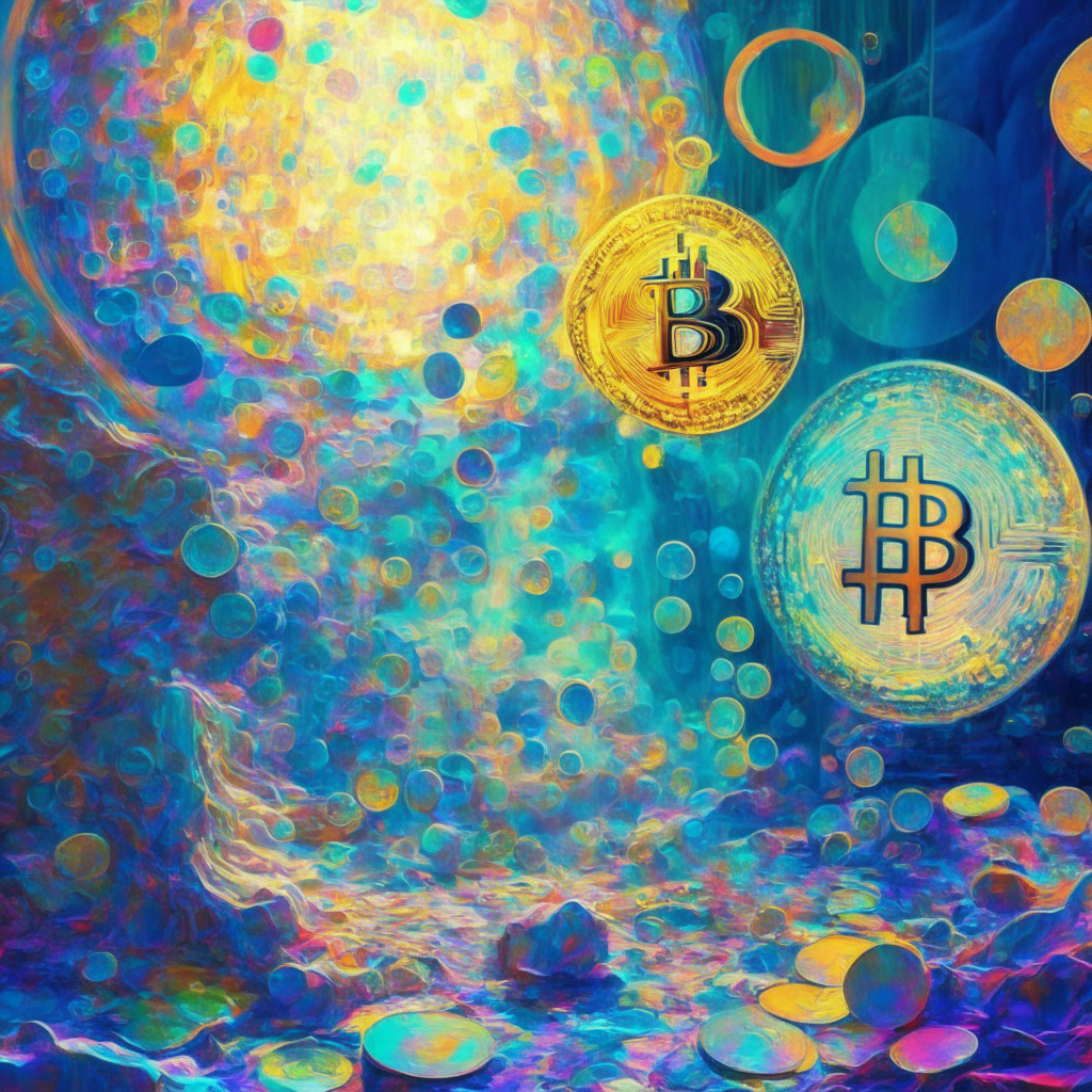 Whimsical memecoins proliferate, serene Bitcoin & Ethereum soar, UK lawmakers lighten ad restrictions, moody market fluctuations, divergent opinions on blockchain's destiny, abstract economic indicators' impact. Ethereal light, vibrant colors, surrealistic art style, contemplative mood.
