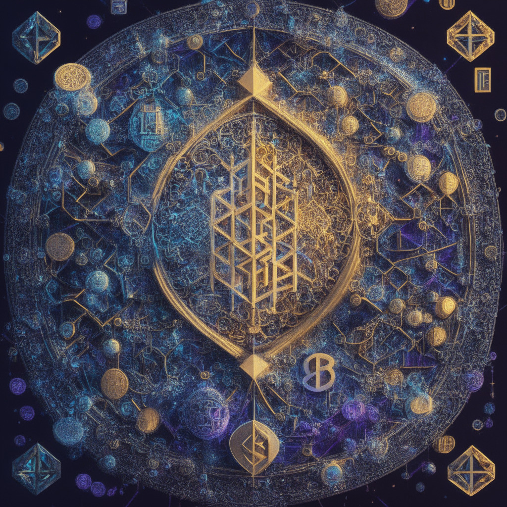Intricate blockchain network, Ethereum 2.0 upgrade, shimmering coins representing ETH, diverse validators, vibrant colors, Baroque-inspired artistic style, duality of light and shadow symbolizing market manipulation fears, dynamic composition, intense emotions reflecting high stakes, a sense of anticipation and potential uncertainty.