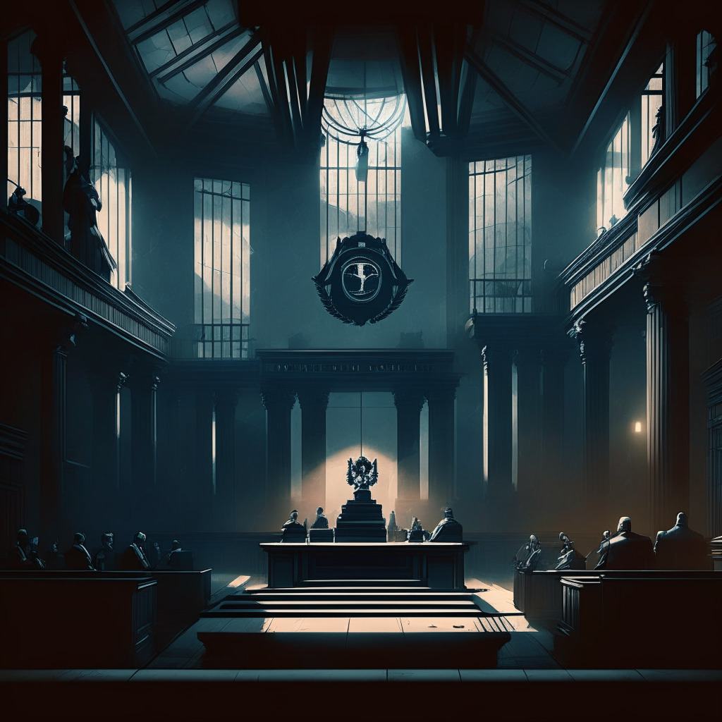 Intricate courtroom scene, scales of justice with NFTs, blockchain symbols integrated into the architecture, a digital art display in the background, chiaroscuro lighting, moody atmosphere with hints of skepticism, hint of vibrant creativity, contrasting stark reality of consequences.