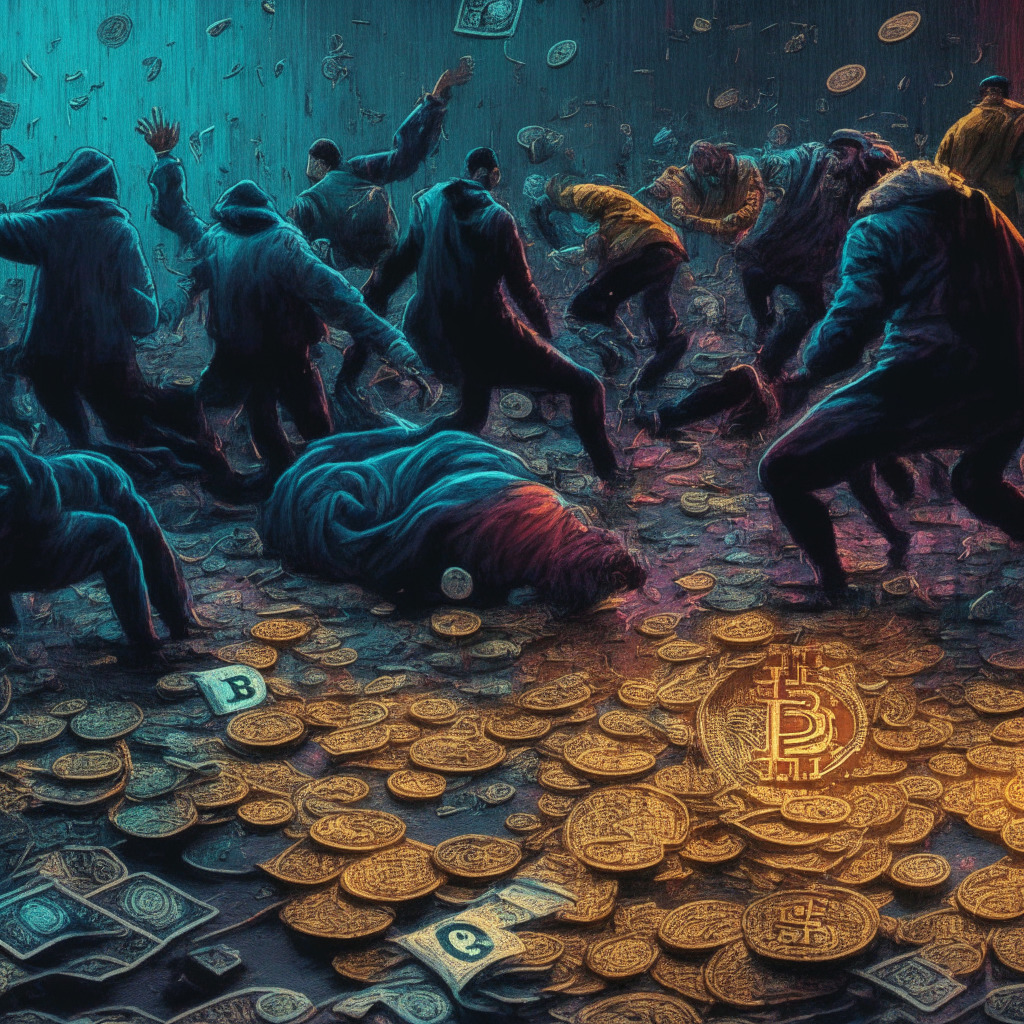 Cryptocurrency chaos, rug pull aftermath, skeptical investors, dramatic chiaroscuro lighting, bold colors symbolizing risk, somber mood capturing uncertainty, community-driven tokens, essence of fleeting hype, cautionary visual tale, market fluctuations, caution and skepticism dominating the scene.