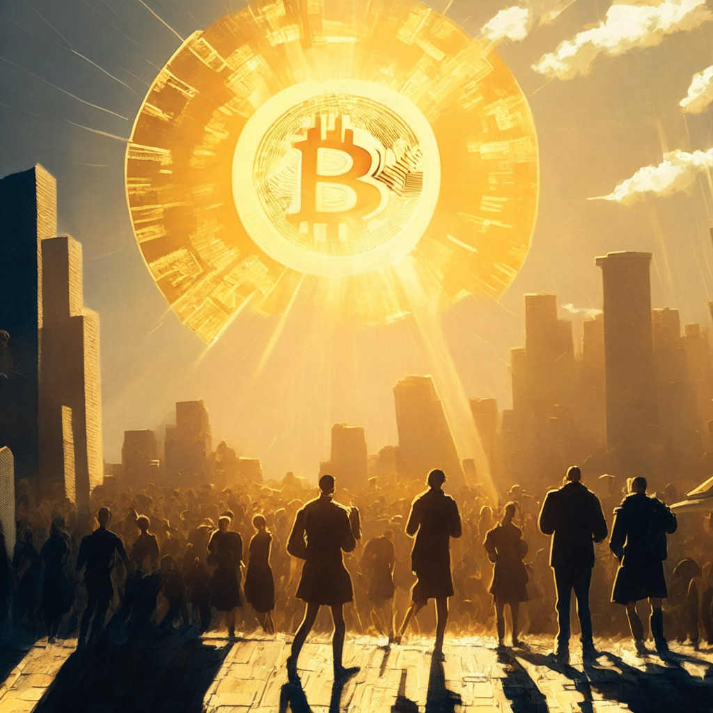Bitcoin surge amid Fed rate hike, golden sunlight casting long shadows on city backdrop, cryptocurrency coins ascending like rockets, uncertain financial climate portrayed as stormy clouds, blend of euphoria & caution with people watching the scene, impressionist painting style, moody contrast.