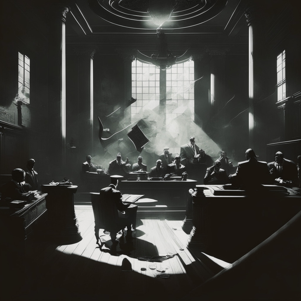 Intricate courtroom scene, judge and lawyers engaged in legal battle, crypto coins and financial documents scattered, Baroque style, monochromatic palette, dramatic chiaroscuro lighting, tense and suspenseful atmosphere, shadow of a ripple effect in the background, abstract representation of industry impact.