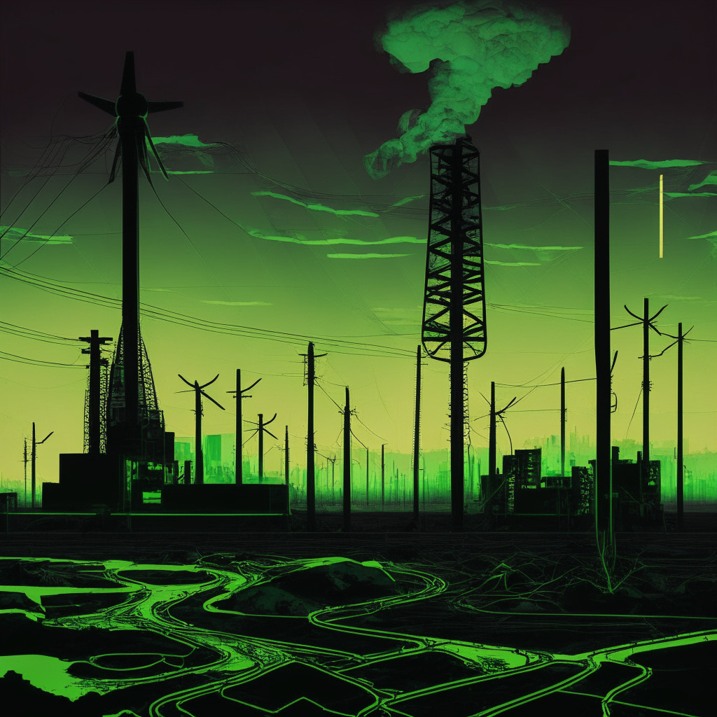 Crypto mining energy tax debate scene, dystopian industrial landscape at dusk, high contrast shadows, illuminated power lines, smog-filled air, two sides: green energy solutions vs. traditional fossil fuel usage, tension and conflict in mood, shifting patterns depicting technological advances, subtle hints of digital currency symbols, marginalized communities represented.